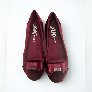 Anne Klein AK Sport Burgundy Velvet Bow Flats Women’s